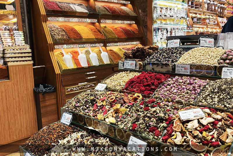 Exploring the Spice Bazaar in Istanbul with kids Spice Bazaar in Istanbul with spices and dried fruits, family sightseeing