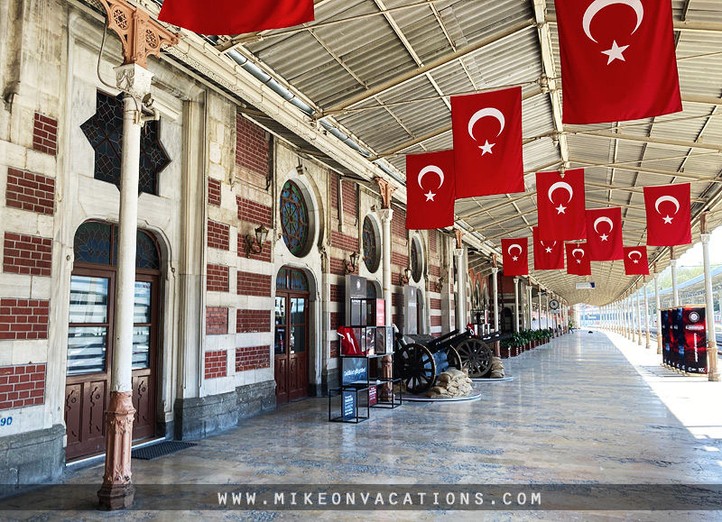 Counting Turkish flags near Sirkeci Station in Istanbul Sirkeci Railway Station with Turkish flags, Istanbul sightseeing with kids