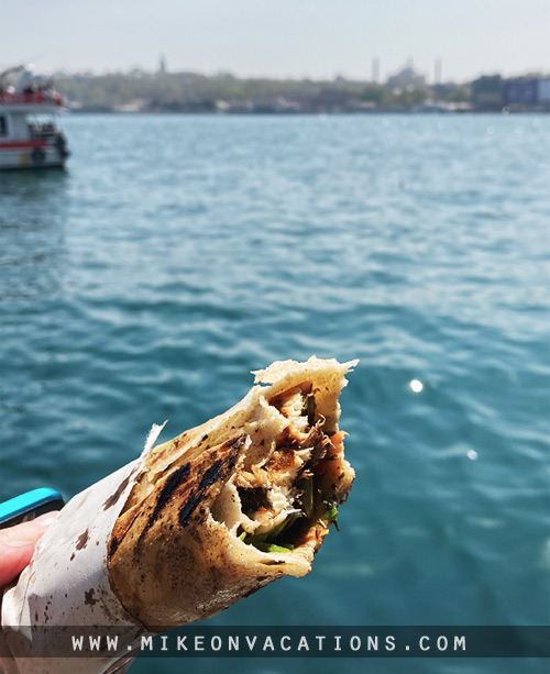 Trying a fish wrap in Karaköy by the Bosphorus Balık dürüm fish wrap in Karaköy, street food in Istanbul with kids