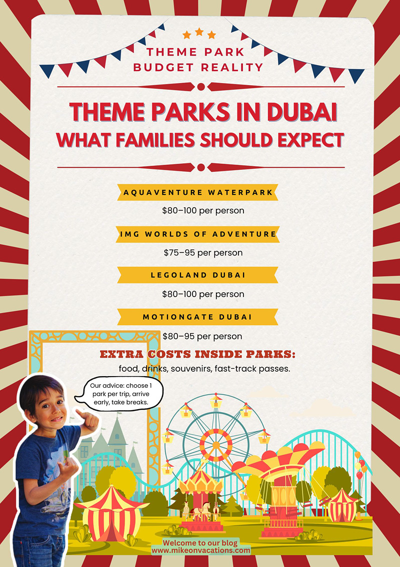Dubai theme parks prices infographic family cost comparison