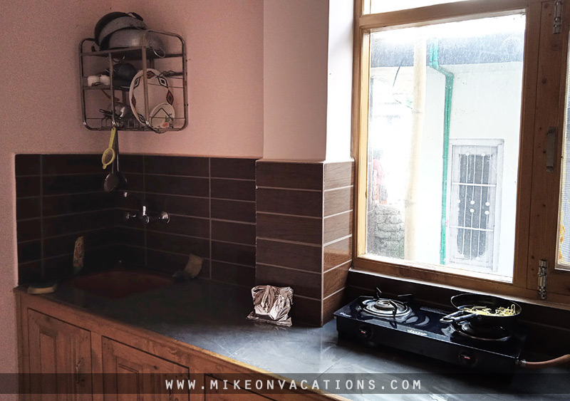 Kitchen in Manali apartment cooking while traveling with kids